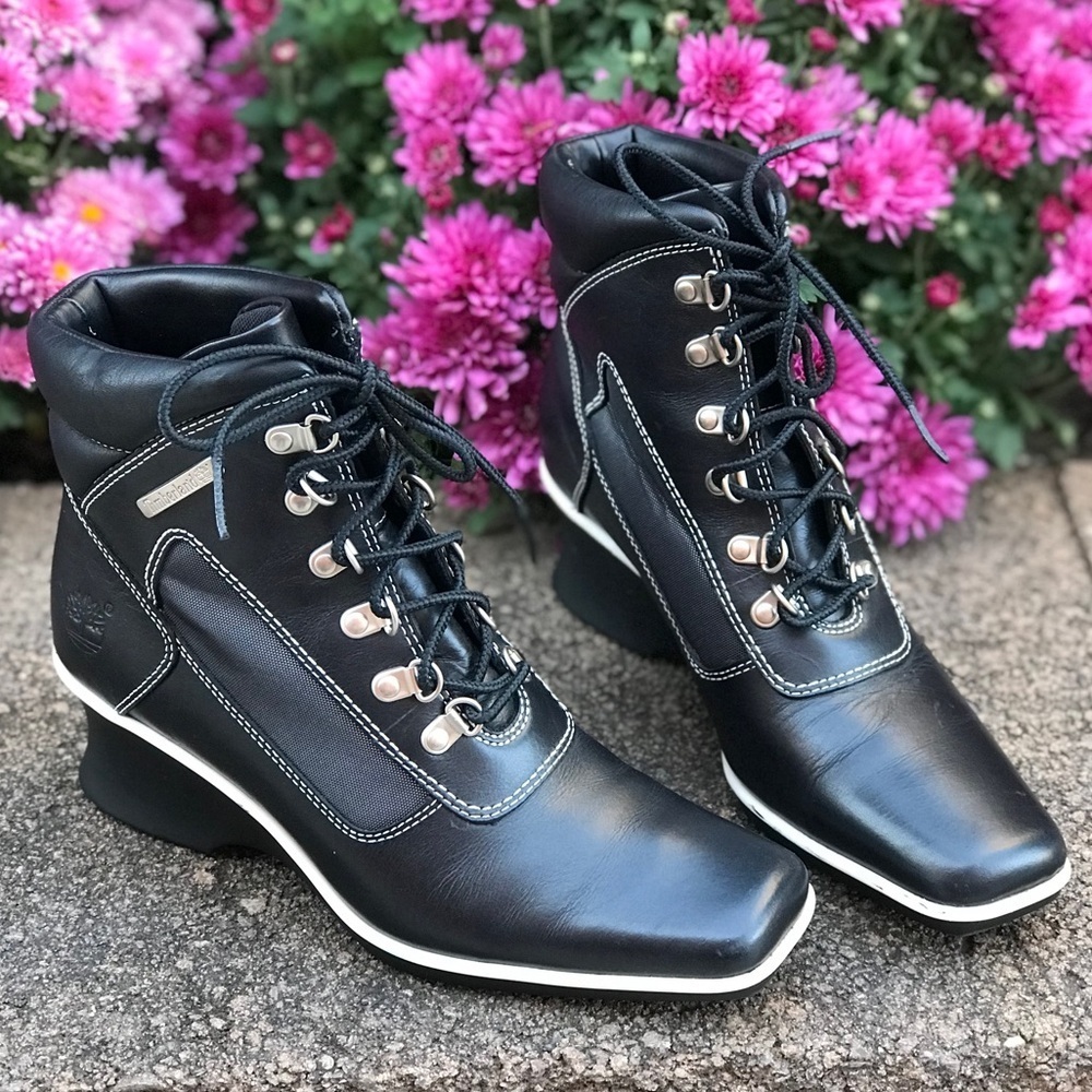 TIMBERLAND Hill Wedge Ankle Boots Size 5.5 Leather lace-up Black with White trim - Picture 3 of 16